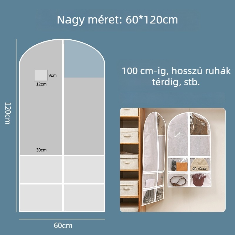 Nem szőtt anyagból készült ruhazsák, vízálló, akasztóval és átlátszó kivitelben a ruhák tárolására
