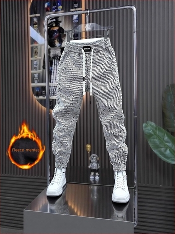 Férfi polár béléssel ellátott sportnadrág, egyenes szár, téli 2025, középmagas derekú, poliészter-pamut keverék (95% poliészter), hétköznapi sportnadrág