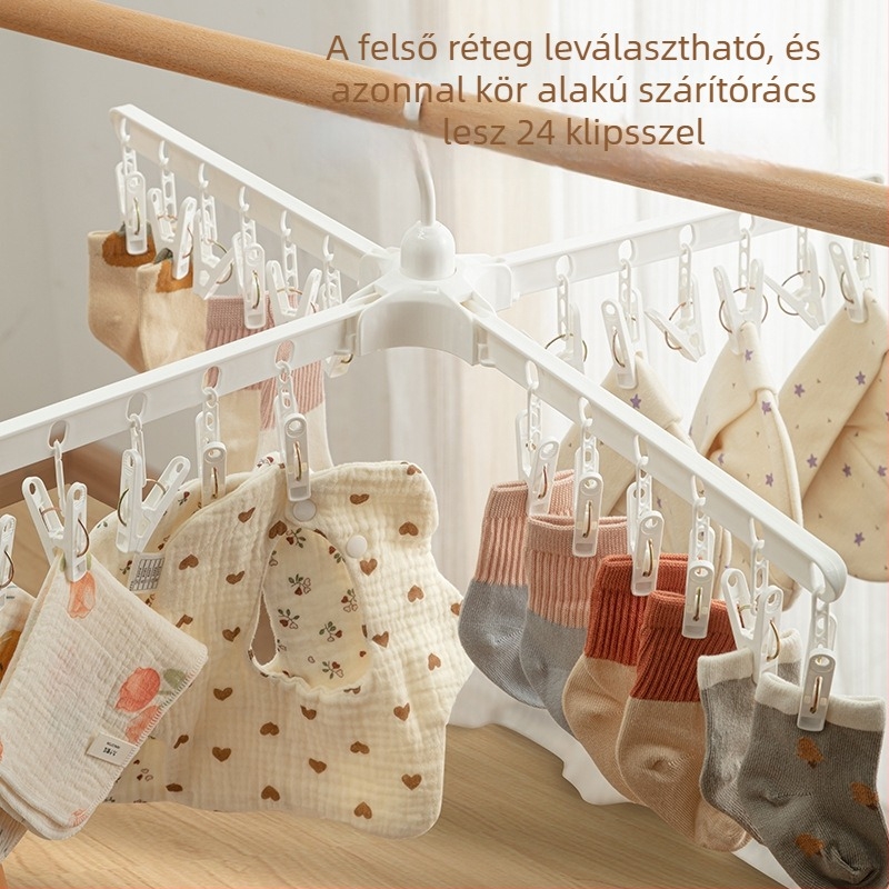 Babaház ruhaszárító állvány, földre álló, mobil, összecsukható, kör alakú klipsz-dizájn, műanyag