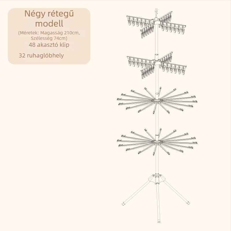 Babaház ruhaszárító állvány, földre álló, mobil, összecsukható, kör alakú klipsz-dizájn, műanyag