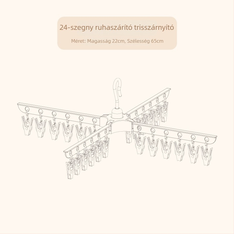 Babaház ruhaszárító állvány, földre álló, mobil, összecsukható, kör alakú klipsz-dizájn, műanyag