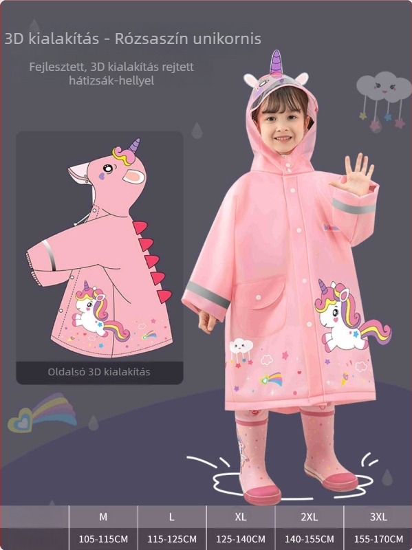 Gyerek EVA esőponcsó Cartoon dizájnnal, EVA anyag, 0,15 mm vastagság, fényvisszaverő csík, pattintós csat