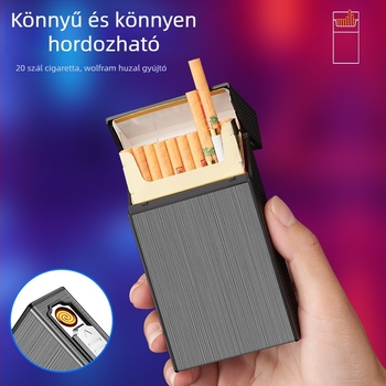 Alumínium cigarettatartó doboz beépített töltővel és gyújtóval, modern minimalista stílus, testre szabható gravírozás/logó, ideális ajándék születésnapokra, házavatóra vagy céges ajándékokra