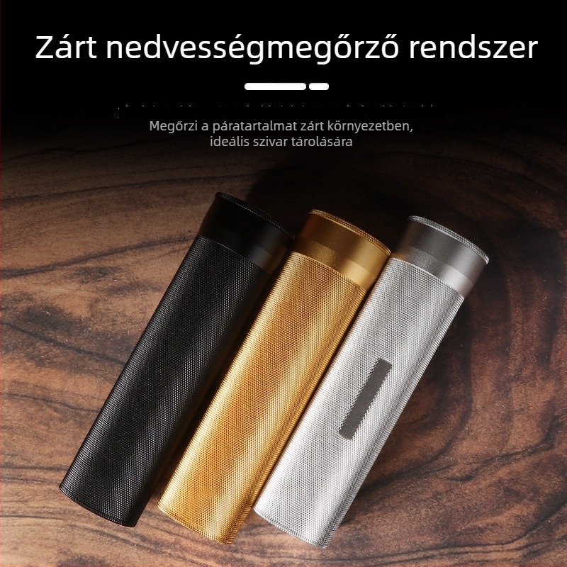 Szivar nedvesítő higrométerrel, 3-4 darabos csomag, zárható és nedvességet megőriz, hordozható fémcső