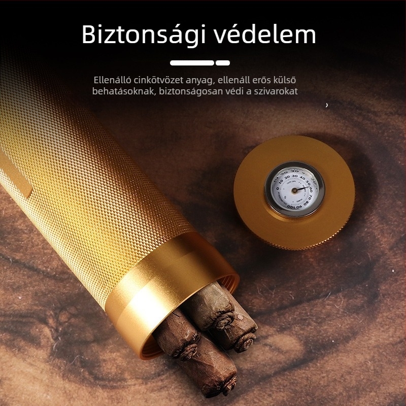 Szivar nedvesítő higrométerrel, 3-4 darabos csomag, zárható és nedvességet megőriz, hordozható fémcső