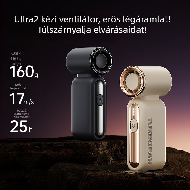 Ultra gyors kézi turbina ventillátor — USB-s működtetés, beépített 2000–4000 mAh akkumulátor, 3 sebességfokozat, 36 dB zaj, kompakt mini kézventilátor