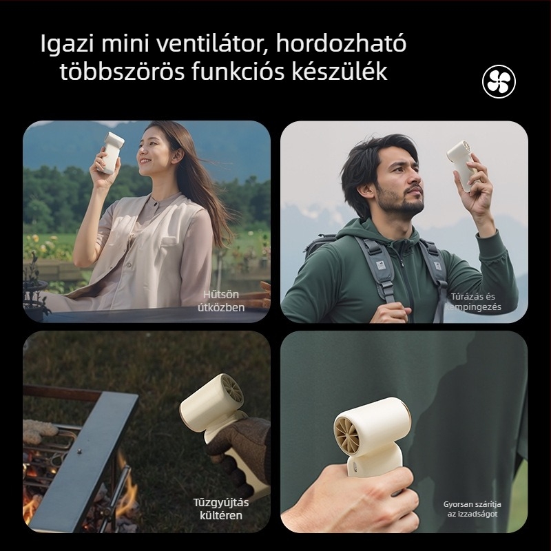 Ultra gyors kézi turbina ventillátor — USB-s működtetés, beépített 2000–4000 mAh akkumulátor, 3 sebességfokozat, 36 dB zaj, kompakt mini kézventilátor