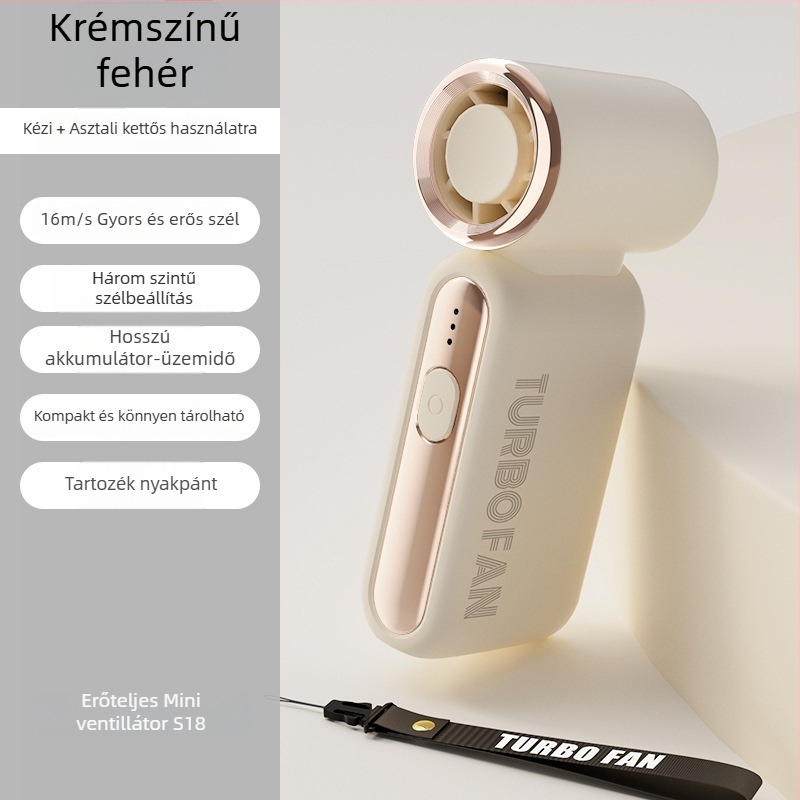 Ultra gyors kézi turbina ventillátor — USB-s működtetés, beépített 2000–4000 mAh akkumulátor, 3 sebességfokozat, 36 dB zaj, kompakt mini kézventilátor
