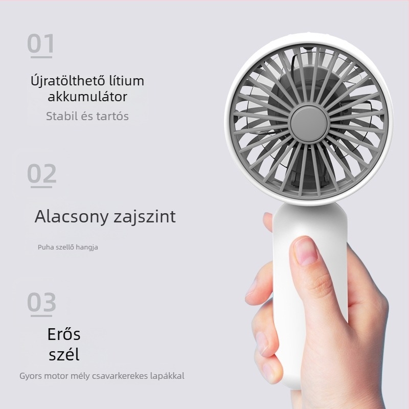Kézi USB-töltéses ventilátor, 3 sebesség, 4 lapát, ABS ház, beépített 300–500 mAh akkumulátor