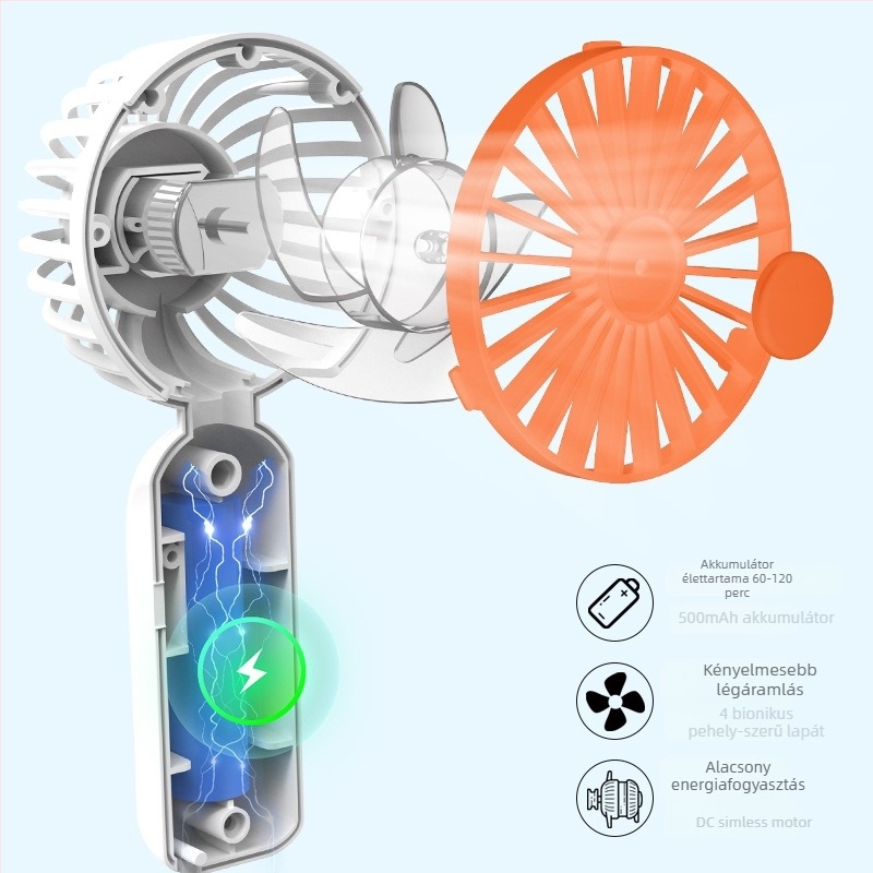 Kézi USB-töltéses ventilátor, 3 sebesség, 4 lapát, ABS ház, beépített 300–500 mAh akkumulátor