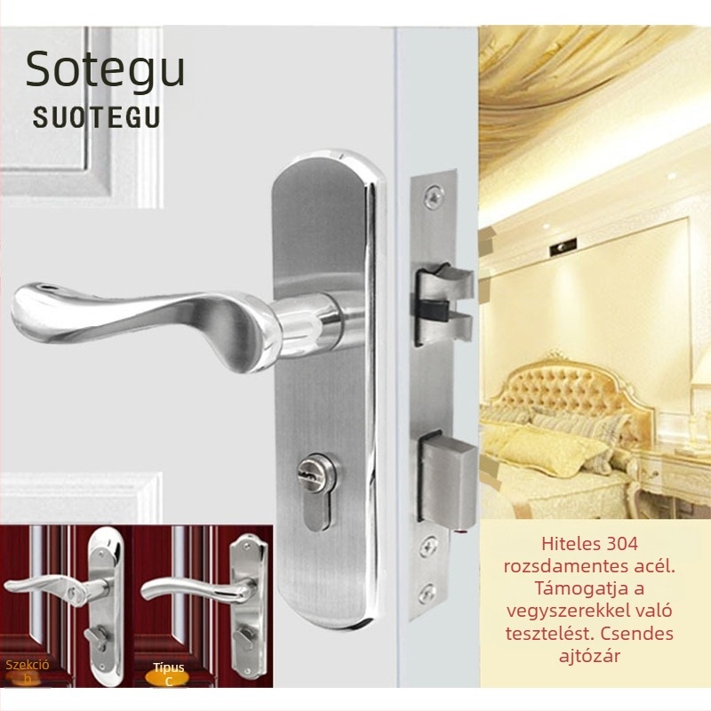 Ajtózár fogantyú, 304 rozsdamentes acél, belső ajtókhoz (fa, fürdő, konyha, fém ajtók), modern egyszerű stílus, modell A004-58