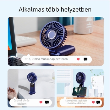Kézbe tartható, nyakba akasztható, összecsukható ventilátor, 5 sebességű légáram, USB-ellátás 5V, beépített akkumulátor 1200–2000mAh, üzemidő 6–8 óra, telefon-tartó
