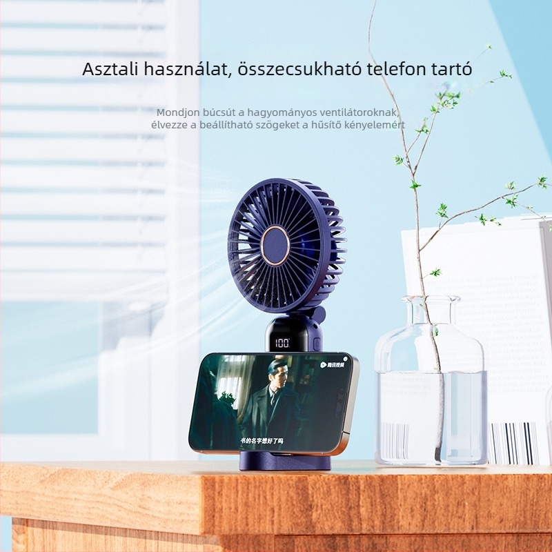 Kézbe tartható, nyakba akasztható, összecsukható ventilátor, 5 sebességű légáram, USB-ellátás 5V, beépített akkumulátor 1200–2000mAh, üzemidő 6–8 óra, telefon-tartó
