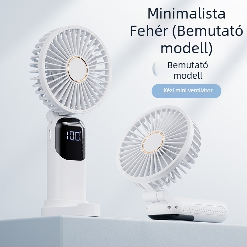Kézbe tartható, nyakba akasztható, összecsukható ventilátor, 5 sebességű légáram, USB-ellátás 5V, beépített akkumulátor 1200–2000mAh, üzemidő 6–8 óra, telefon-tartó