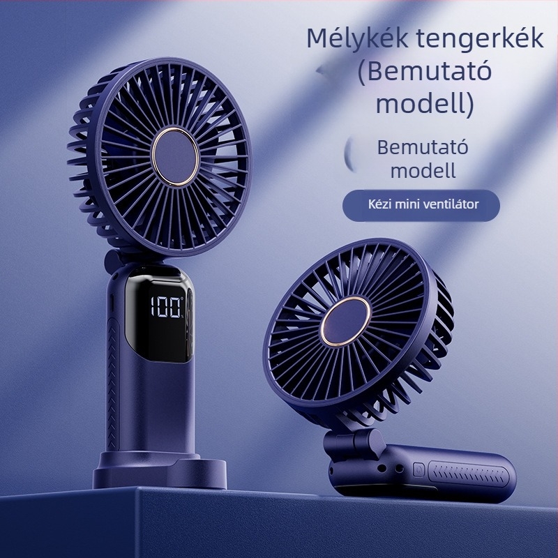 Kézbe tartható, nyakba akasztható, összecsukható ventilátor, 5 sebességű légáram, USB-ellátás 5V, beépített akkumulátor 1200–2000mAh, üzemidő 6–8 óra, telefon-tartó
