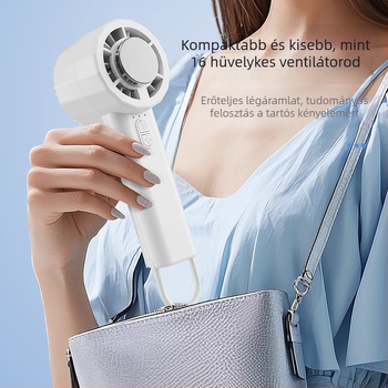 Kézhez tartható hűtőventilátor beépített akkumulátorral, 1200–2000 mAh, 6 vagy több lapát, brushless motor, USB töltés, 3 sebesség, zaj ≤36 dB, termoelektrikus hűtés.