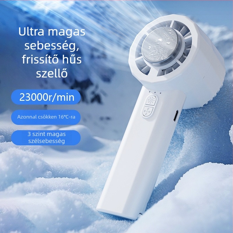 Kézhez tartható hűtőventilátor beépített akkumulátorral, 1200–2000 mAh, 6 vagy több lapát, brushless motor, USB töltés, 3 sebesség, zaj ≤36 dB, termoelektrikus hűtés.