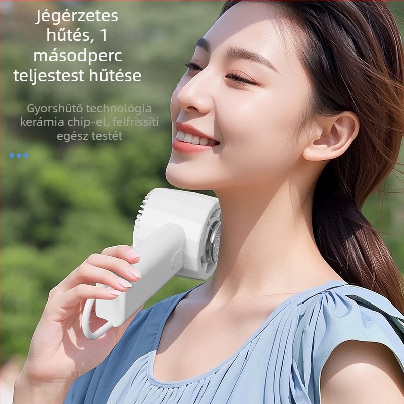 Kézhez tartható hűtőventilátor beépített akkumulátorral, 1200–2000 mAh, 6 vagy több lapát, brushless motor, USB töltés, 3 sebesség, zaj ≤36 dB, termoelektrikus hűtés.