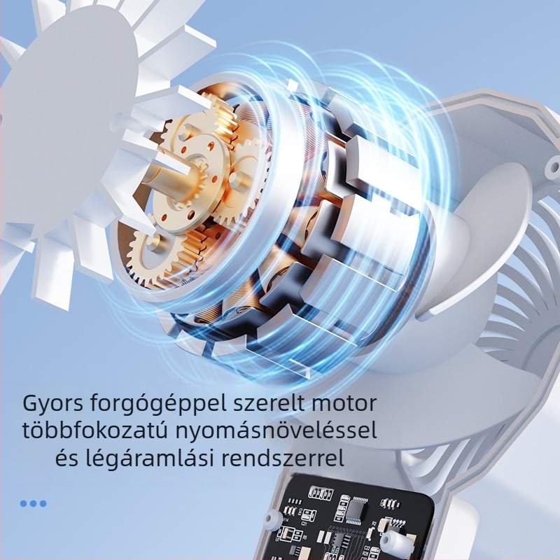 Kézhez tartható hűtőventilátor beépített akkumulátorral, 1200–2000 mAh, 6 vagy több lapát, brushless motor, USB töltés, 3 sebesség, zaj ≤36 dB, termoelektrikus hűtés.