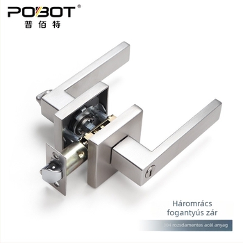 Kilincs-zár – négyzetes, három karos zár, PBT-8811, rozsdamentes acél, masszív fa ajtókhoz (iroda/hálószoba)
