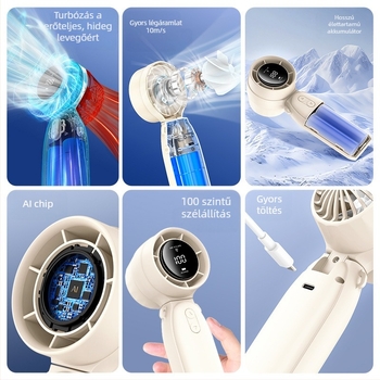 Mokuqi kézi ventilátor, hordozható USB-s töltővel ellátott asztali ventilátor hosszú akkumulátor-üzemidővel, 6 lapát, brushless motor, 3 sebesség, méretek 169×60×65 mm, üzemidő 6–8 óra