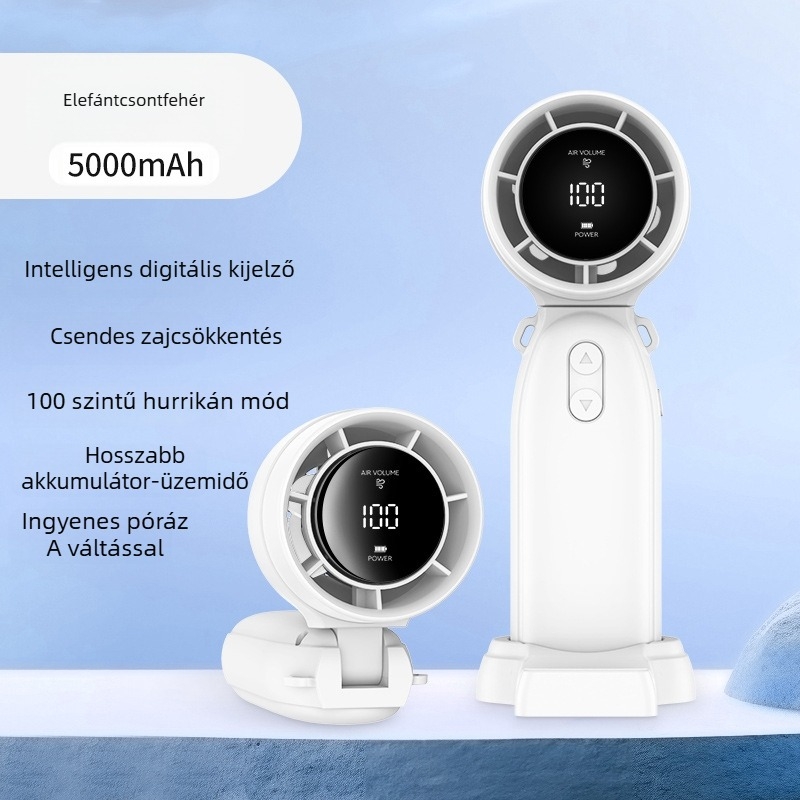 Mokuqi kézi ventilátor, hordozható USB-s töltővel ellátott asztali ventilátor hosszú akkumulátor-üzemidővel, 6 lapát, brushless motor, 3 sebesség, méretek 169×60×65 mm, üzemidő 6–8 óra