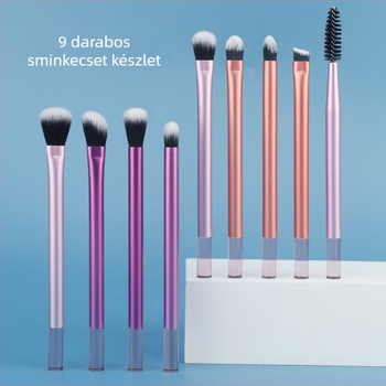 9 darab sminkecset készlet alumínium nyéllel, szintetikus sörtékkel, 3 cm-es szál hossz, 13 cm-es teljes hossz
