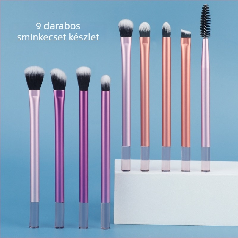 9 darab sminkecset készlet alumínium nyéllel, szintetikus sörtékkel, 3 cm-es szál hossz, 13 cm-es teljes hossz