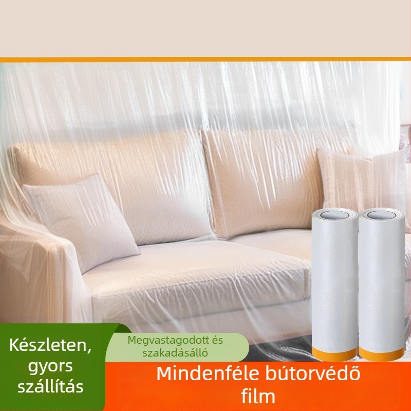 Porvédő film bútorokhoz, háztartási gépekhez és autókhoz; anyag PE; vastagság 0,06 mikron; vízbázisú ragasztó; Washi szalag alap; papírtubus központ; egyszeri használat