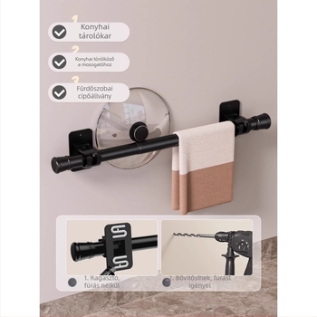 Fúrás nélküli fürdőszobai tárolópolc erős ragasztóval, bővíthető törölközőtartó és zuhanyfüggönyrúd