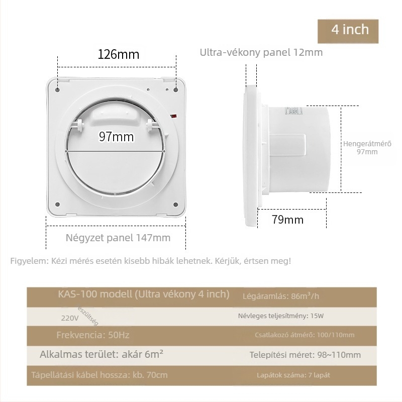 Fürdőszobai és konyhai szellőző ventilátor, falra szerelhető, kör alakú, modell KAS-150, 220V, 50Hz, energiahatékonysági szint 3