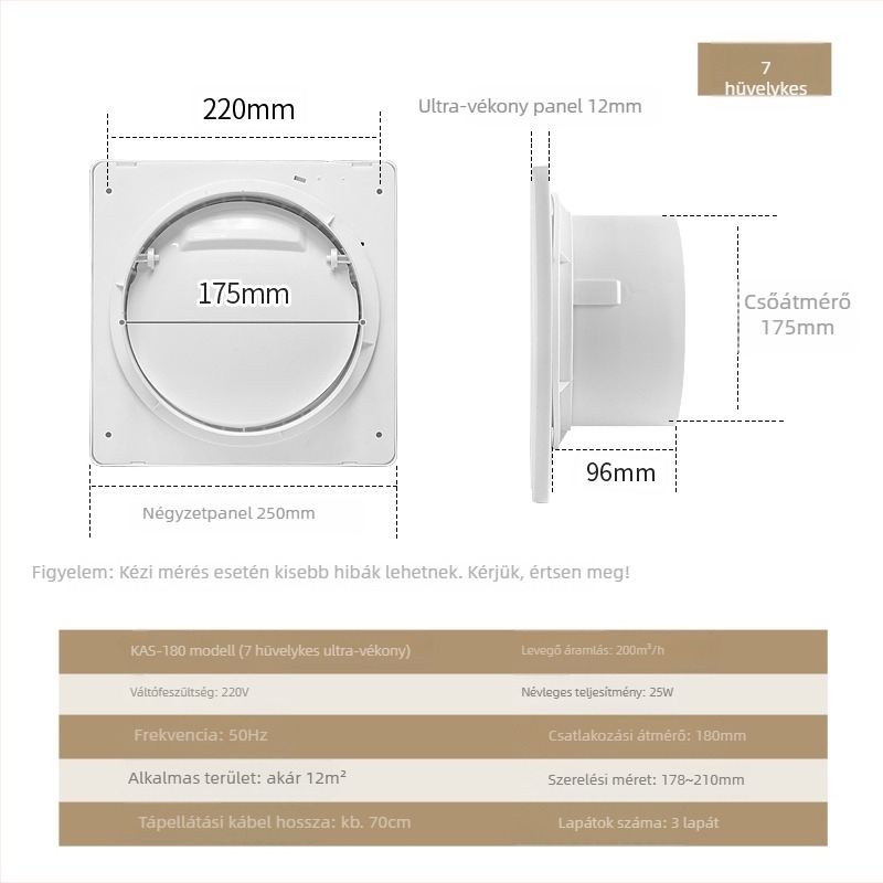 Fürdőszobai és konyhai szellőző ventilátor, falra szerelhető, kör alakú, modell KAS-150, 220V, 50Hz, energiahatékonysági szint 3