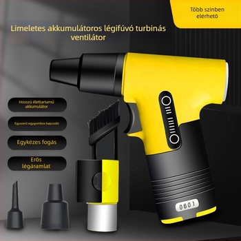 Kézben tartható ventilátor fújás- és szívás funkcióval, brushless motor, 5 fém lapát, beépített Li-ion akkumulátor 2000–4000 mAh, USB, 3 sebességfokozat, 200 g, alacsony zaj (<36 dB)