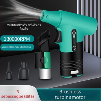 Kézben tartható ventilátor fújás- és szívás funkcióval, brushless motor, 5 fém lapát, beépített Li-ion akkumulátor 2000–4000 mAh, USB, 3 sebességfokozat, 200 g, alacsony zaj (<36 dB)