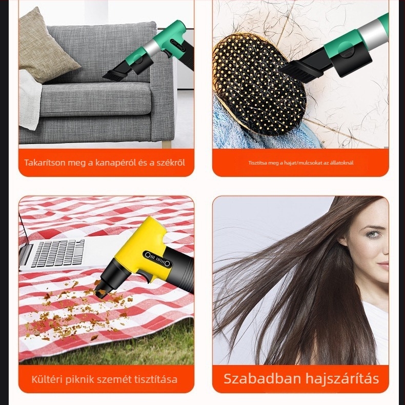 Kézben tartható ventilátor fújás- és szívás funkcióval, brushless motor, 5 fém lapát, beépített Li-ion akkumulátor 2000–4000 mAh, USB, 3 sebességfokozat, 200 g, alacsony zaj (<36 dB)