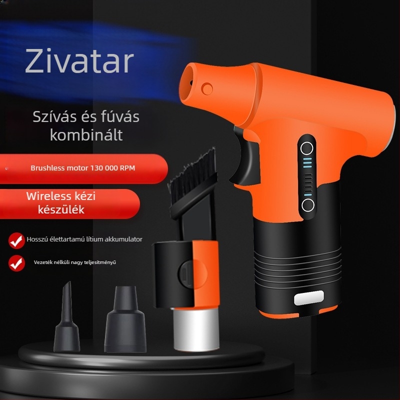 Kézben tartható ventilátor fújás- és szívás funkcióval, brushless motor, 5 fém lapát, beépített Li-ion akkumulátor 2000–4000 mAh, USB, 3 sebességfokozat, 200 g, alacsony zaj (<36 dB)