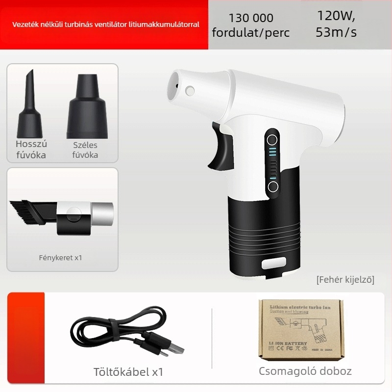 Kézben tartható ventilátor fújás- és szívás funkcióval, brushless motor, 5 fém lapát, beépített Li-ion akkumulátor 2000–4000 mAh, USB, 3 sebességfokozat, 200 g, alacsony zaj (<36 dB)