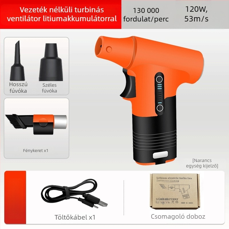 Kézben tartható ventilátor fújás- és szívás funkcióval, brushless motor, 5 fém lapát, beépített Li-ion akkumulátor 2000–4000 mAh, USB, 3 sebességfokozat, 200 g, alacsony zaj (<36 dB)