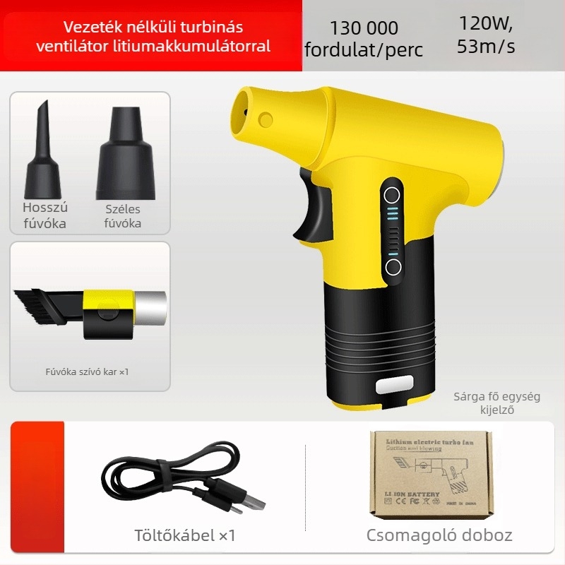 Kézben tartható ventilátor fújás- és szívás funkcióval, brushless motor, 5 fém lapát, beépített Li-ion akkumulátor 2000–4000 mAh, USB, 3 sebességfokozat, 200 g, alacsony zaj (<36 dB)