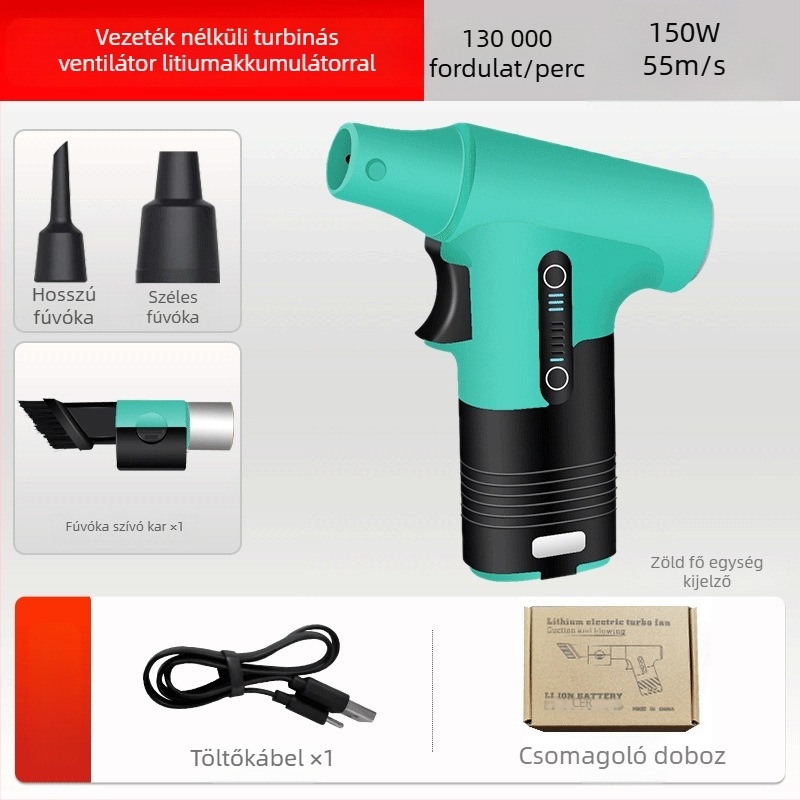 Kézben tartható ventilátor fújás- és szívás funkcióval, brushless motor, 5 fém lapát, beépített Li-ion akkumulátor 2000–4000 mAh, USB, 3 sebességfokozat, 200 g, alacsony zaj (<36 dB)
