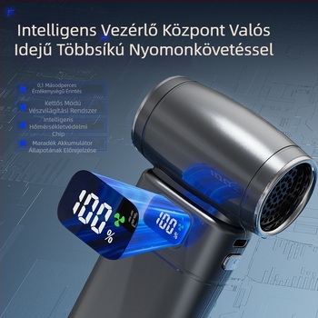 Kézben tartható brushless motoros turbó ventilátor, 6 lapát, beépített 4000–6000 mAh akkumulátor, 5 sebesség, halk <36 dB