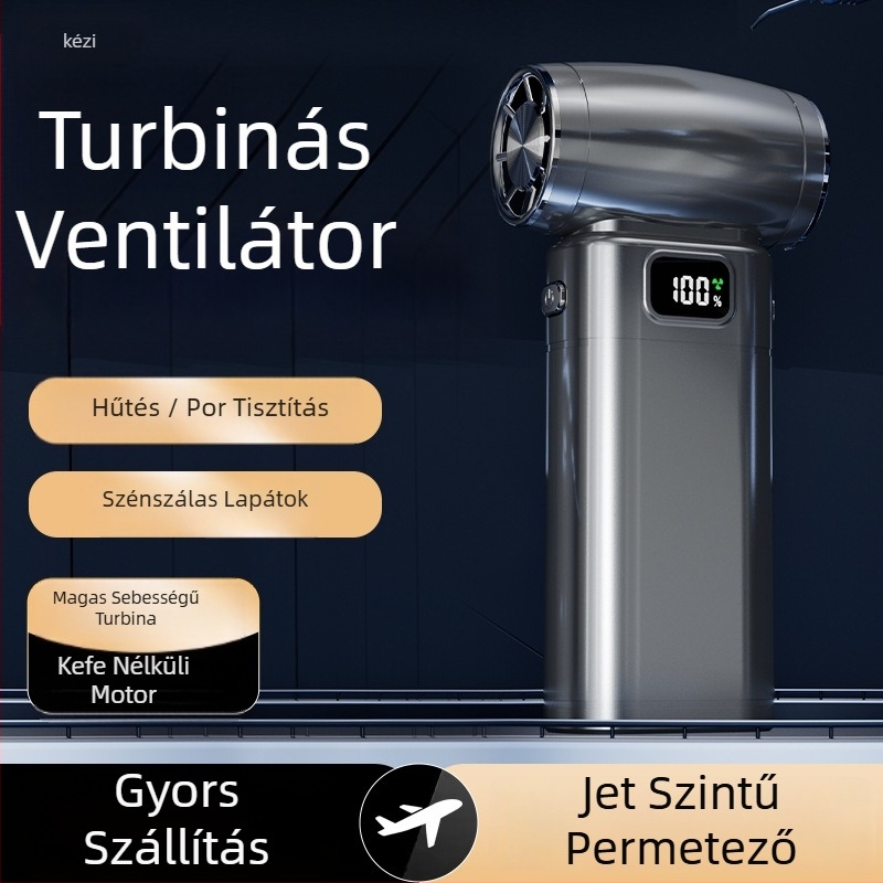 Kézben tartható brushless motoros turbó ventilátor, 6 lapát, beépített 4000–6000 mAh akkumulátor, 5 sebesség, halk <36 dB