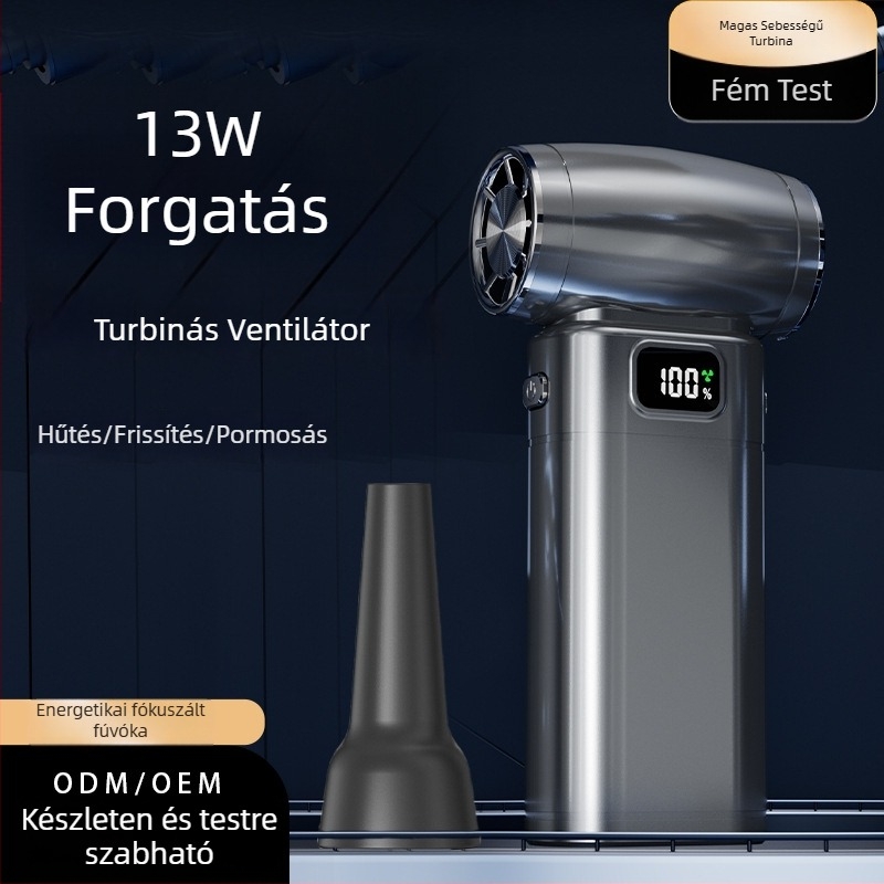 Kézben tartható brushless motoros turbó ventilátor, 6 lapát, beépített 4000–6000 mAh akkumulátor, 5 sebesség, halk <36 dB