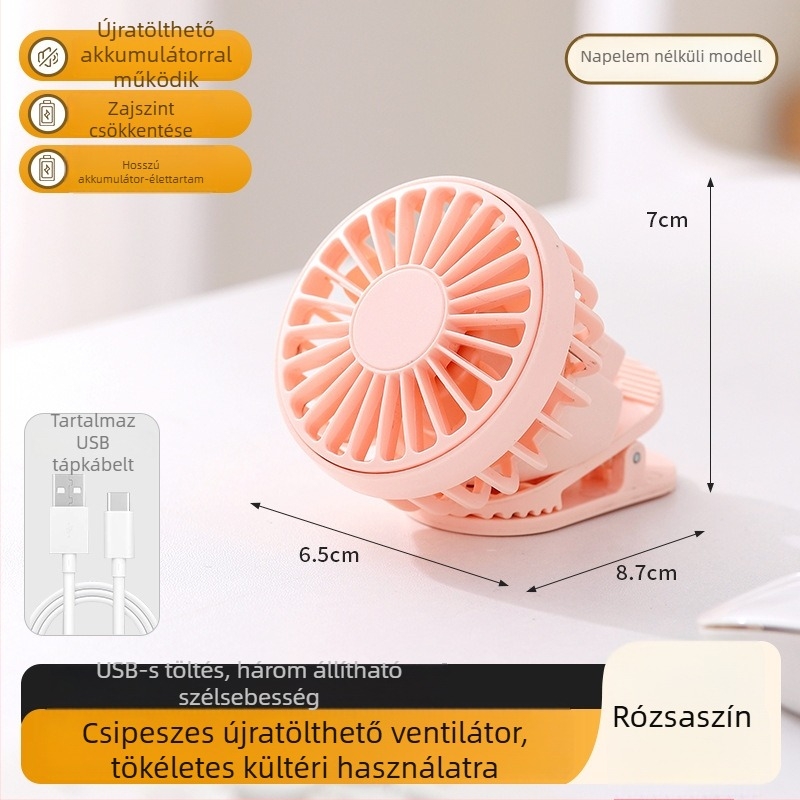 USB hordozható klipszes ventilátor beépített 300-500 mAh akkumulátorral, 6 sebesség, 45-50 dB zaj, 3-6 óra üzemidő