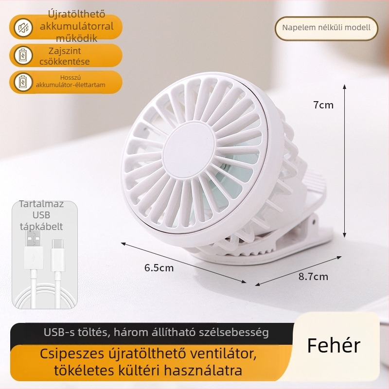 USB hordozható klipszes ventilátor beépített 300-500 mAh akkumulátorral, 6 sebesség, 45-50 dB zaj, 3-6 óra üzemidő
