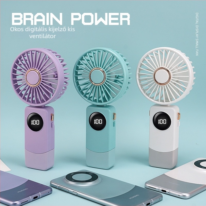 USB kézi ventilátor intelligens digitális kijelzővel, beépített akkumulátor 1000–1200mAh, brushless motor, 5 sebesség, üzemidő 3–6 óra