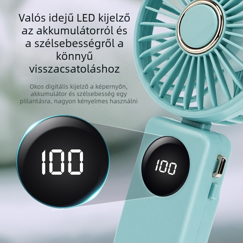 USB kézi ventilátor intelligens digitális kijelzővel, beépített akkumulátor 1000–1200mAh, brushless motor, 5 sebesség, üzemidő 3–6 óra