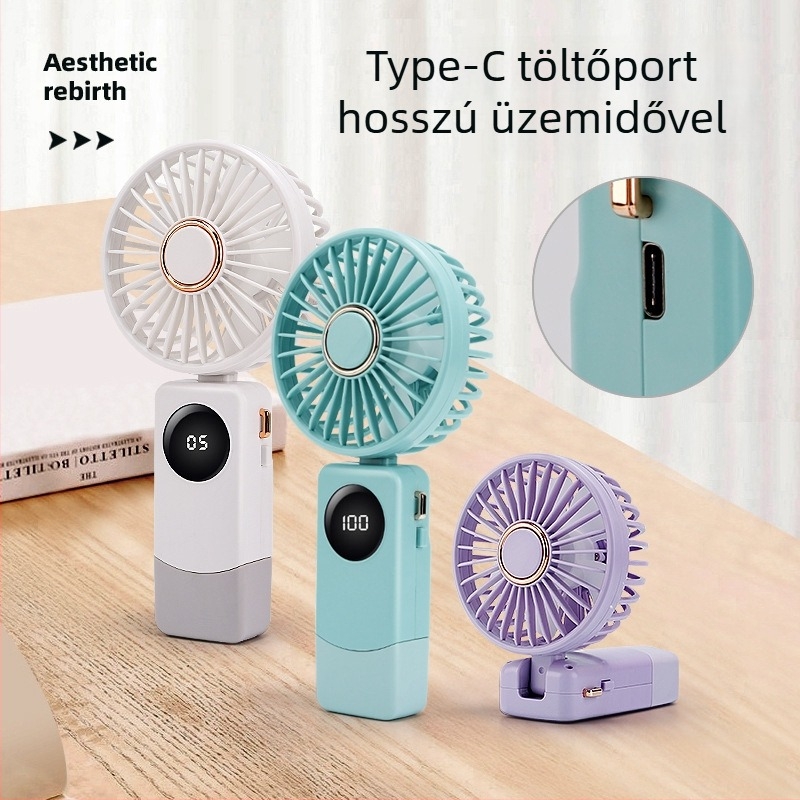 USB kézi ventilátor intelligens digitális kijelzővel, beépített akkumulátor 1000–1200mAh, brushless motor, 5 sebesség, üzemidő 3–6 óra