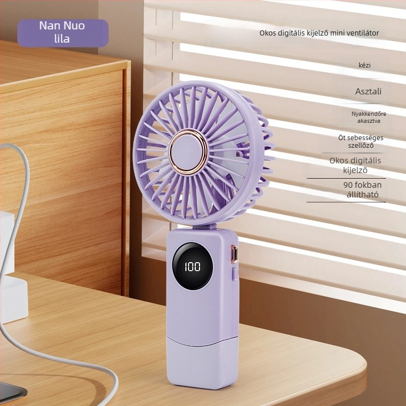 USB kézi ventilátor intelligens digitális kijelzővel, beépített akkumulátor 1000–1200mAh, brushless motor, 5 sebesség, üzemidő 3–6 óra