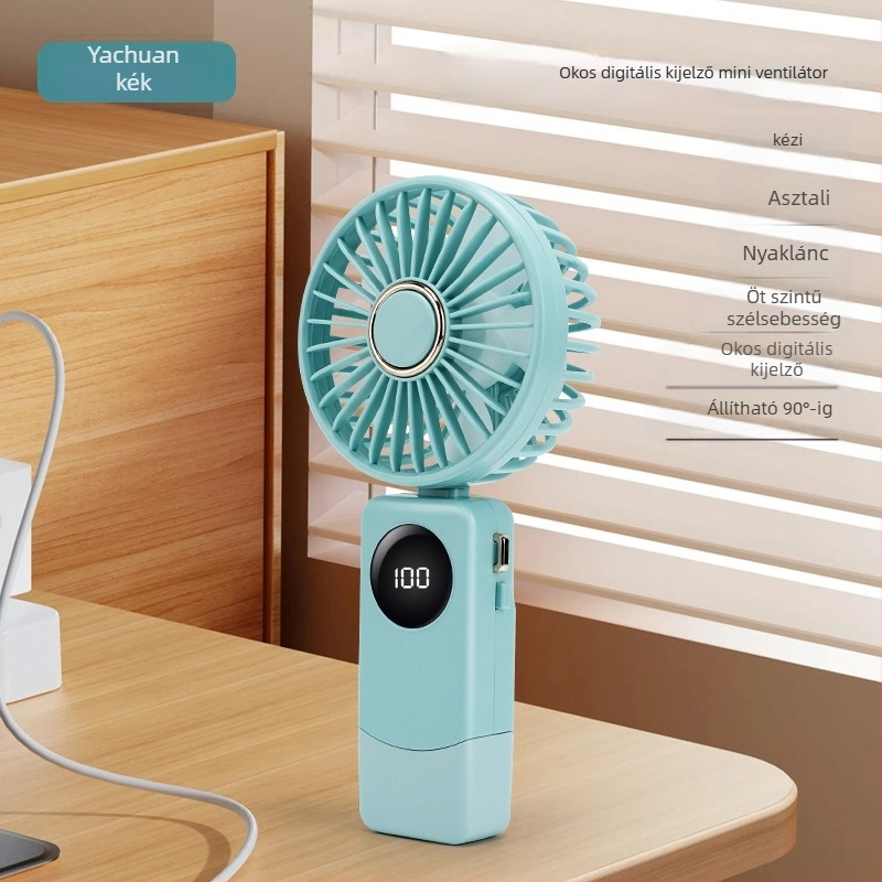 USB kézi ventilátor intelligens digitális kijelzővel, beépített akkumulátor 1000–1200mAh, brushless motor, 5 sebesség, üzemidő 3–6 óra